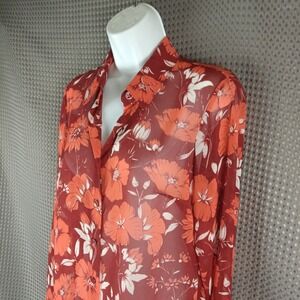 Cabi Floral Button Down Blouse Red Orange Sheer Long Sleeve Top Women XS